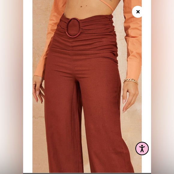 Rust Linen Look Ring Front Wide Leg Pants - Picture 2 of 7